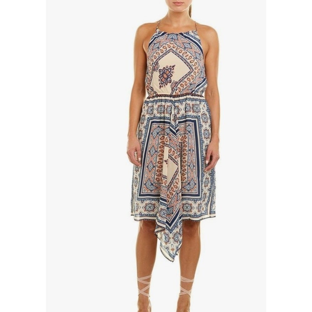 Moon River Womens Halter Scarf Print Handkerchief Hem‎ Midi Dress Blue Orange M